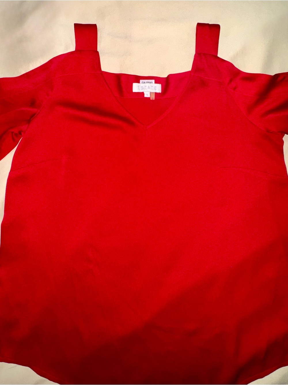 1. STATE Red Cold-Shoulder V-Neck long sleeve Satin-like Blouse S